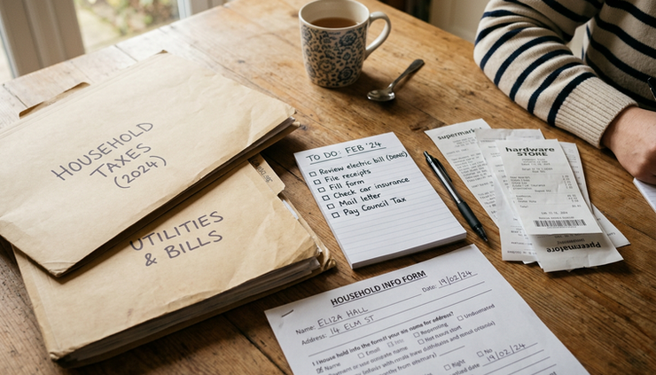 Close-up view of labelled folders and claim papers spread on a kitchen table