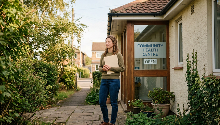 Wide-angle view of a person holding a folder outside a community health clinic.