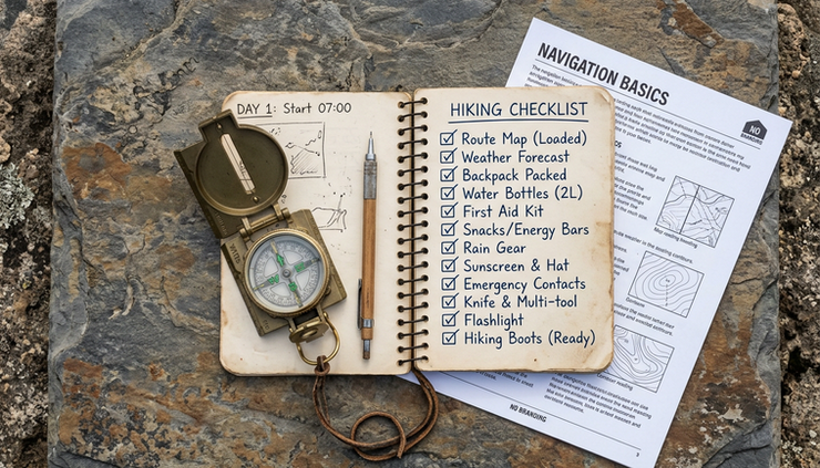 Overhead view of a compass, notebook, and printed checklist on a stone surface