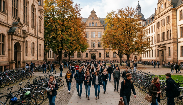 Wide-angle view of students crossing a historic German university courtyard