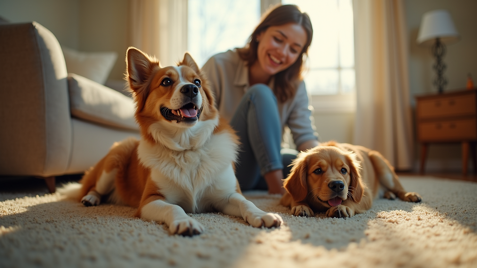 Eye-level view of a pet sitter with happy dogs