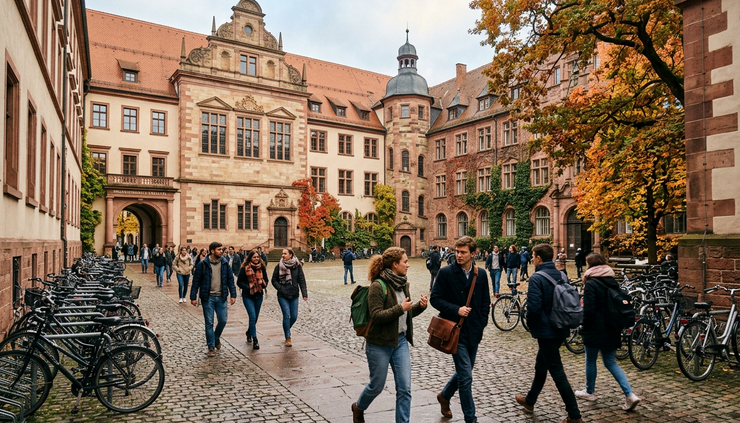 Wide-angle view of students walking across a historic German university courtyard