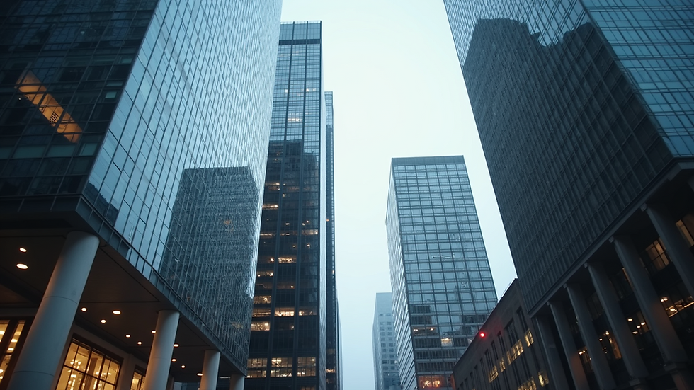Wide angle view of a cityscape featuring modern financial buildings