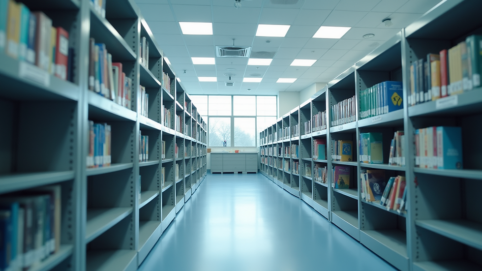 Wide angle view of a modern medical library