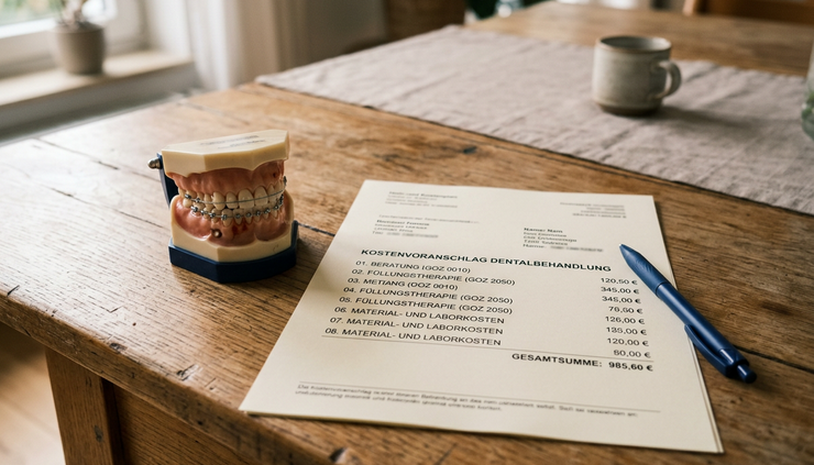 Eye-level view of a dental model with a treatment cost estimate and pen