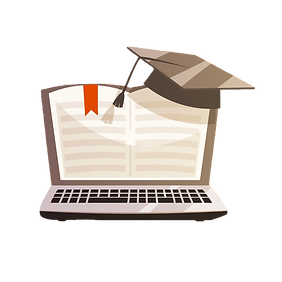 Computador com livro de literatura e chapéu de graduação
