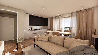 Rendering soggiorno cucina di un appartamento del cantiere di Venezia Mestre Via Etruria