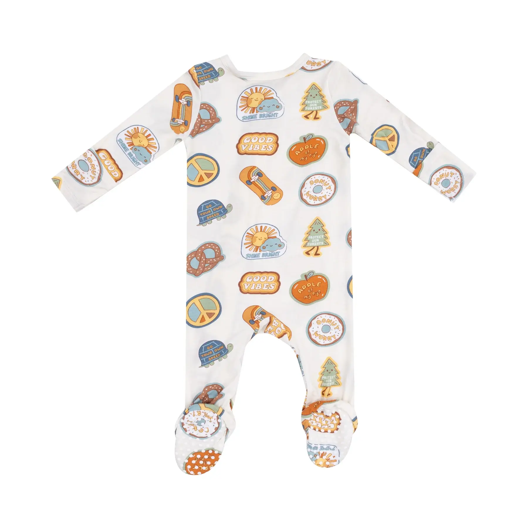 Groovy Vibes Stickers 2 Way Zipper Footie | Tan