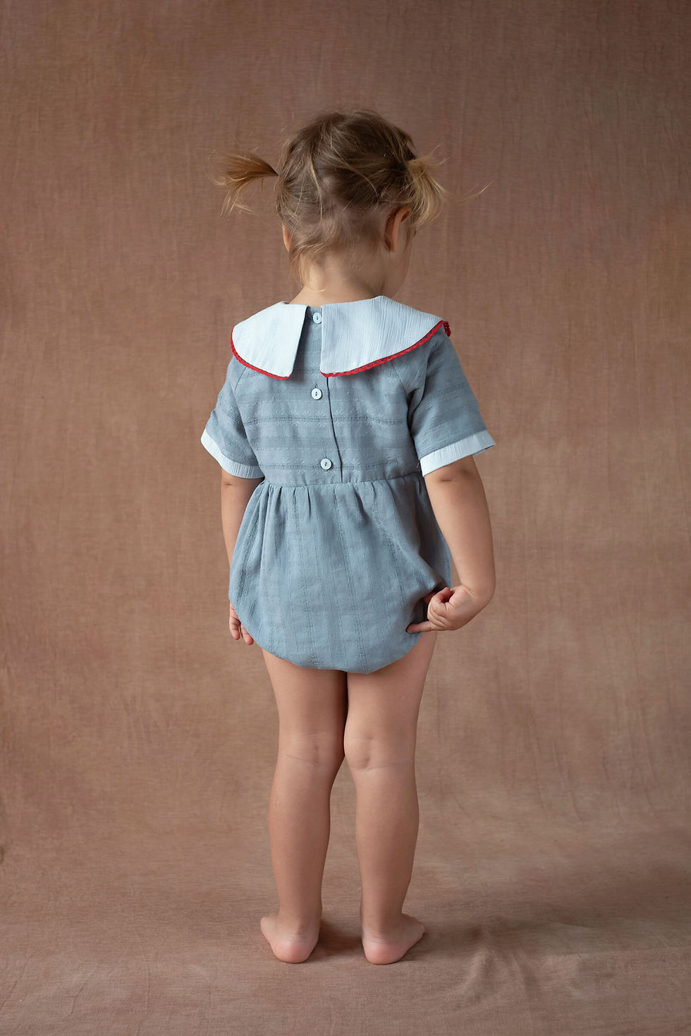 Thumbnail: Blue Romper Suit With Embroidered Bib Collar