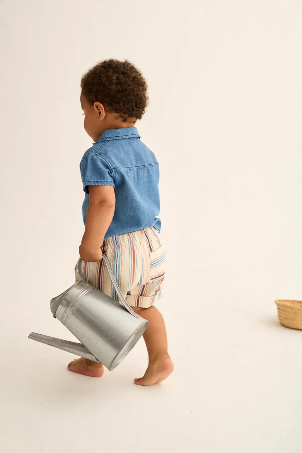 Thumbnail: Chambray Denim Baby Shirt With Striped Cotton Baby Shorts