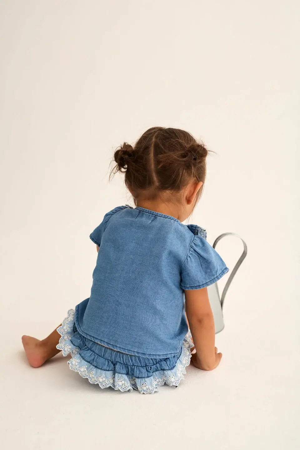 Thumbnail: Chambray Denim Baby Shirt With Striped Cotton Baby Shorts