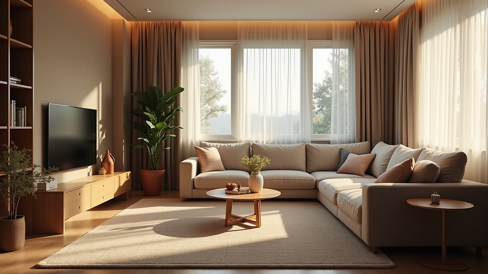 Eye-level view of a cozy living room with comfortable seating and soft lighting