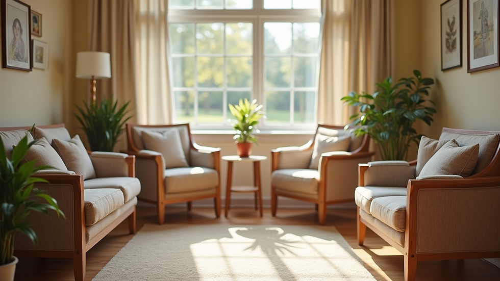 Eye-level view of a cozy respite care facility with comfortable seating