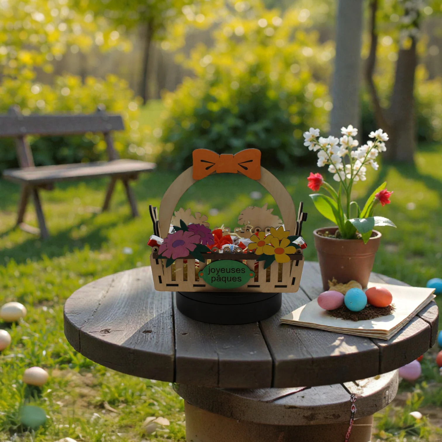 panier de pâques fleuri en bois