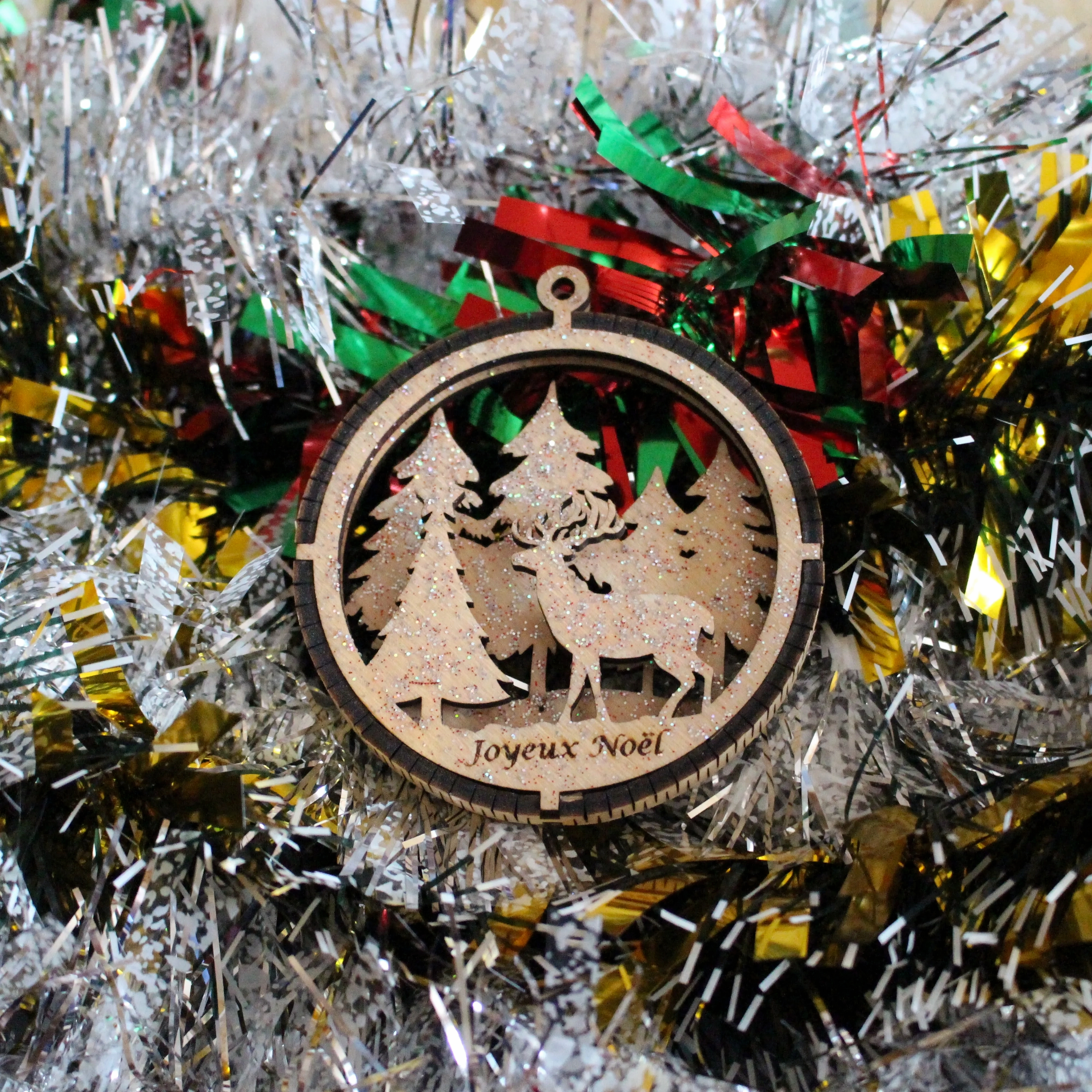 Boule de noël renne et sapin en bois 3D