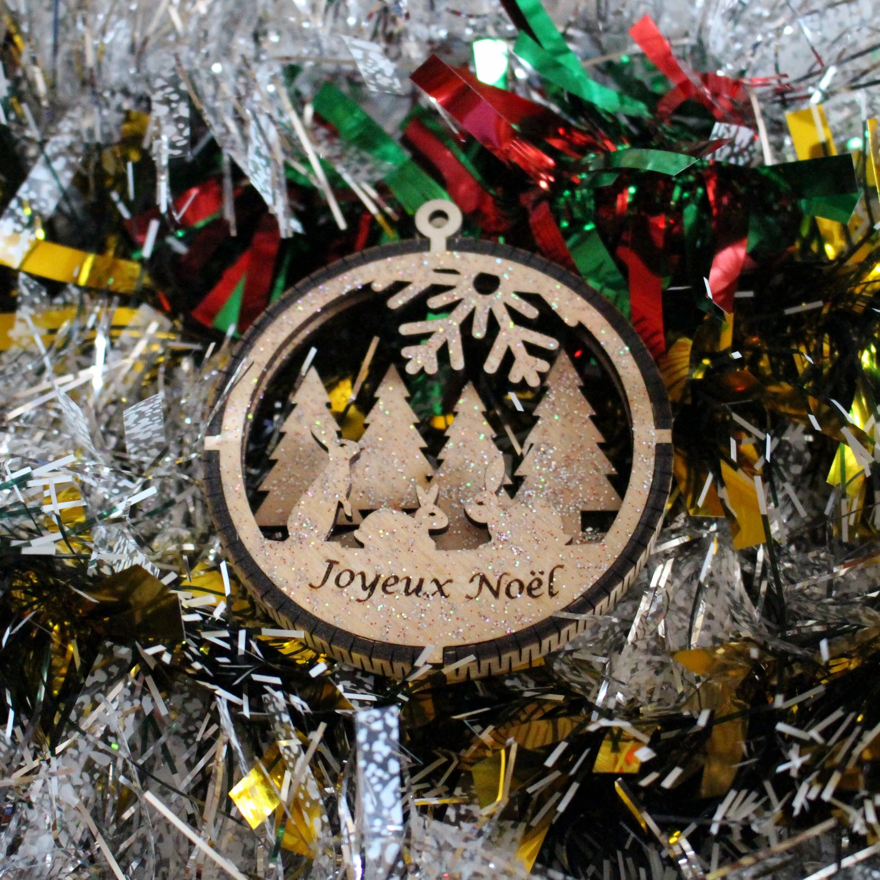 Boule de Noël en Bois 3D Motif Lapin