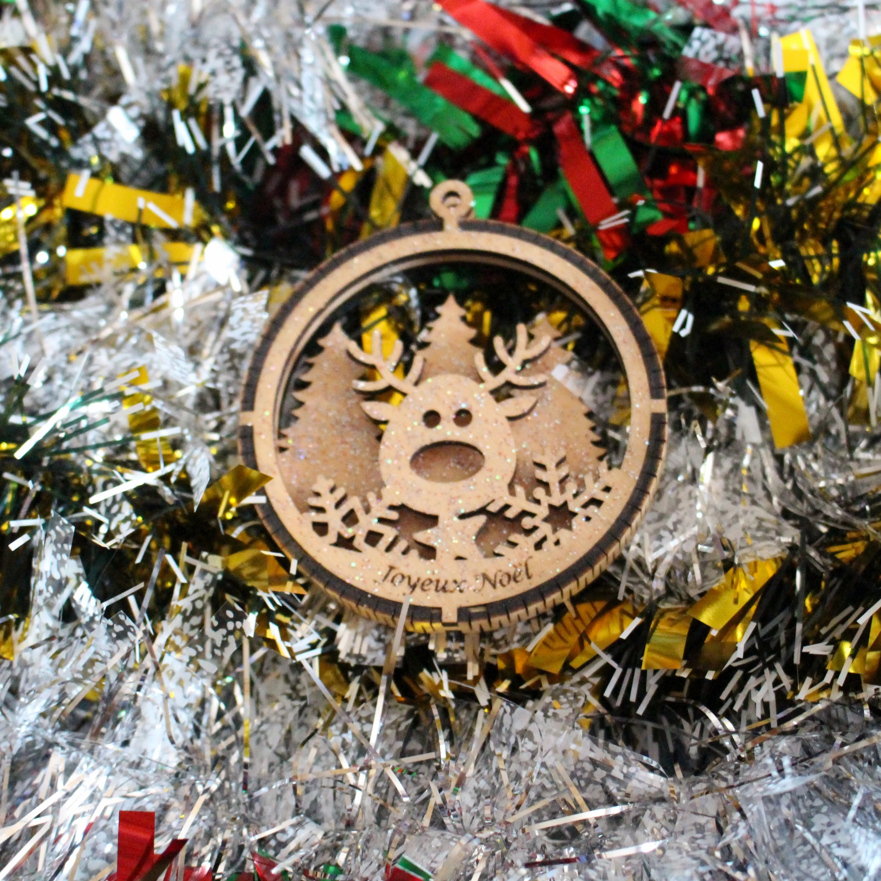 Boule de noël tête de renne ronde en bois 3D