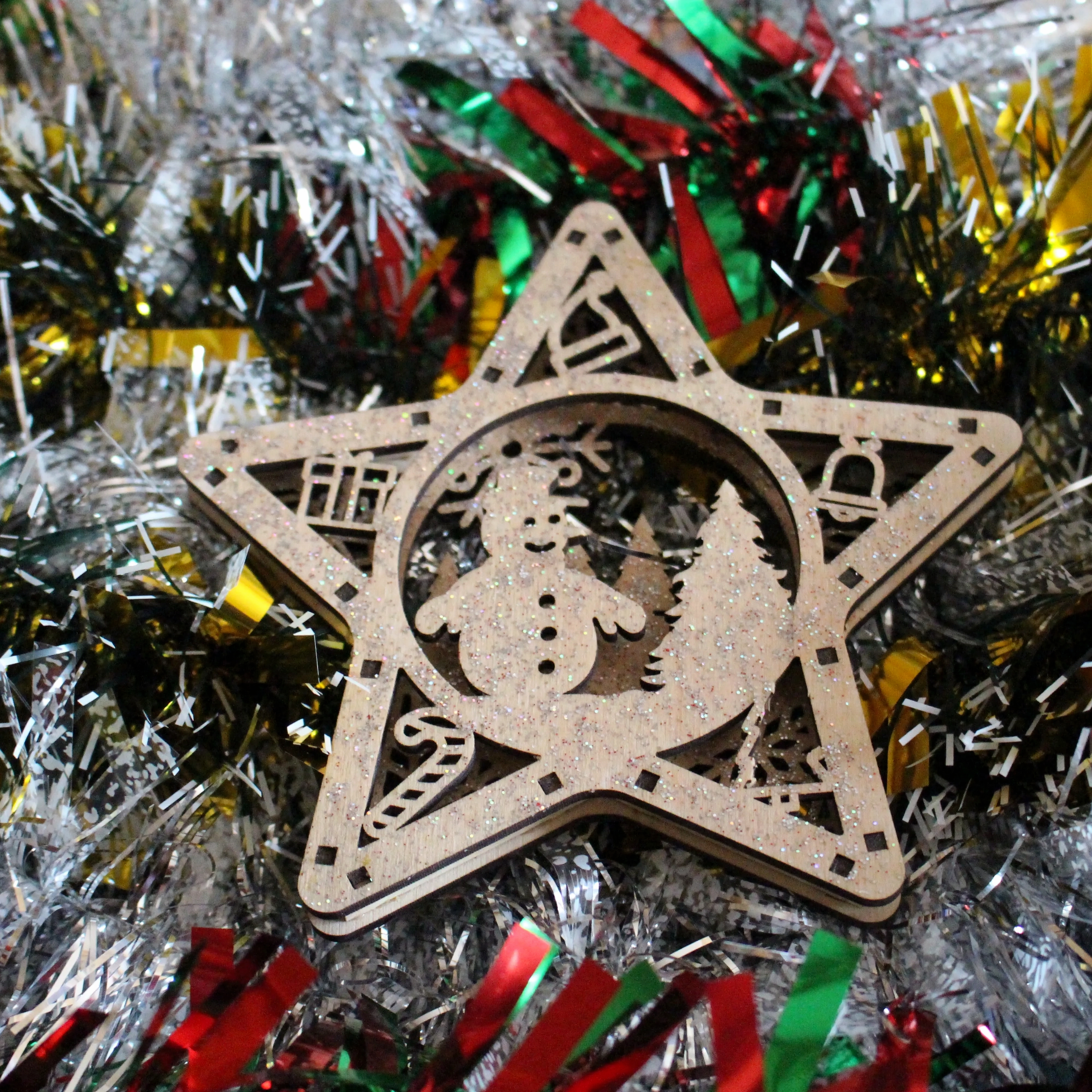 Boule de noël étoile en bois 3D bonhomme de neige