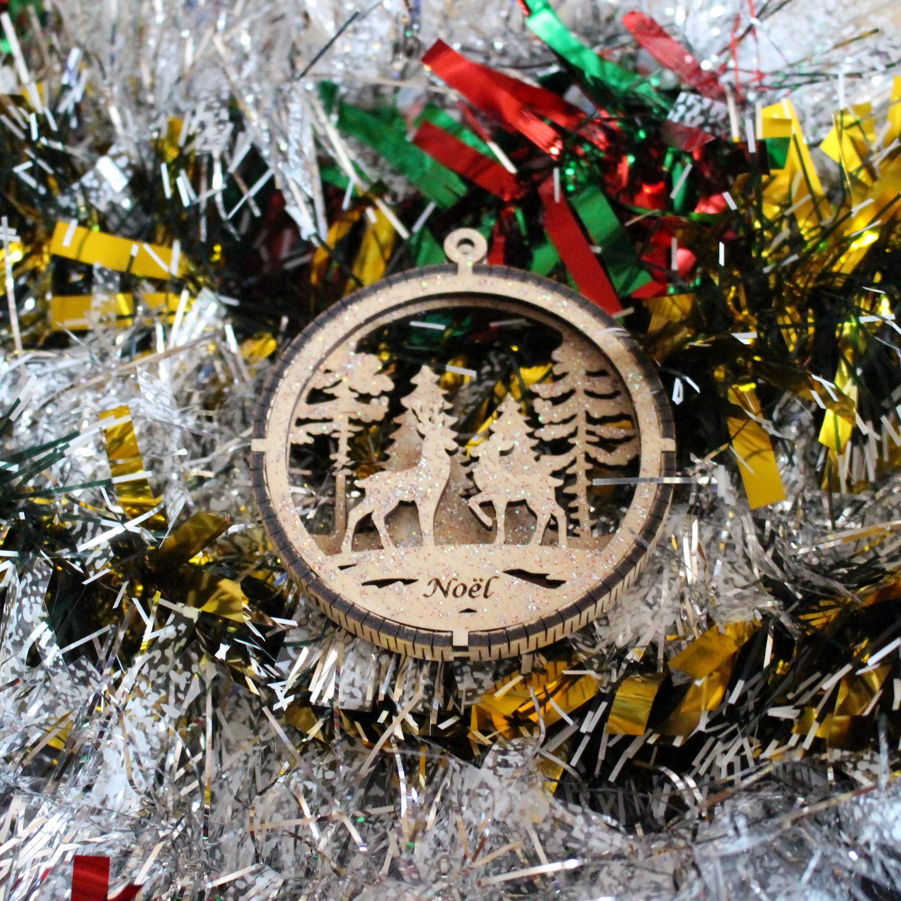 boule de noël couple de renne en bois 3D