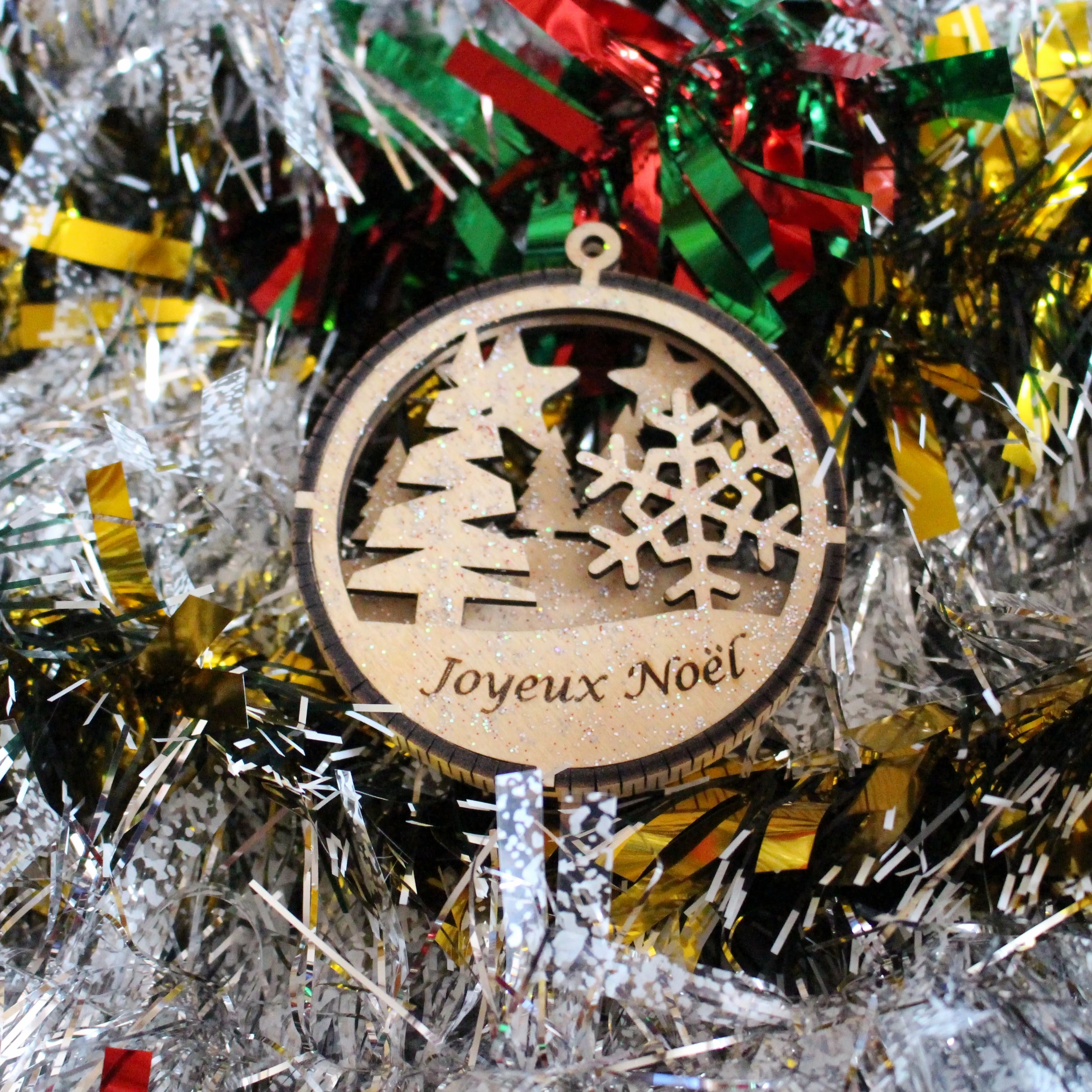Boule de Noël Flocon de Neige en Bois 3D