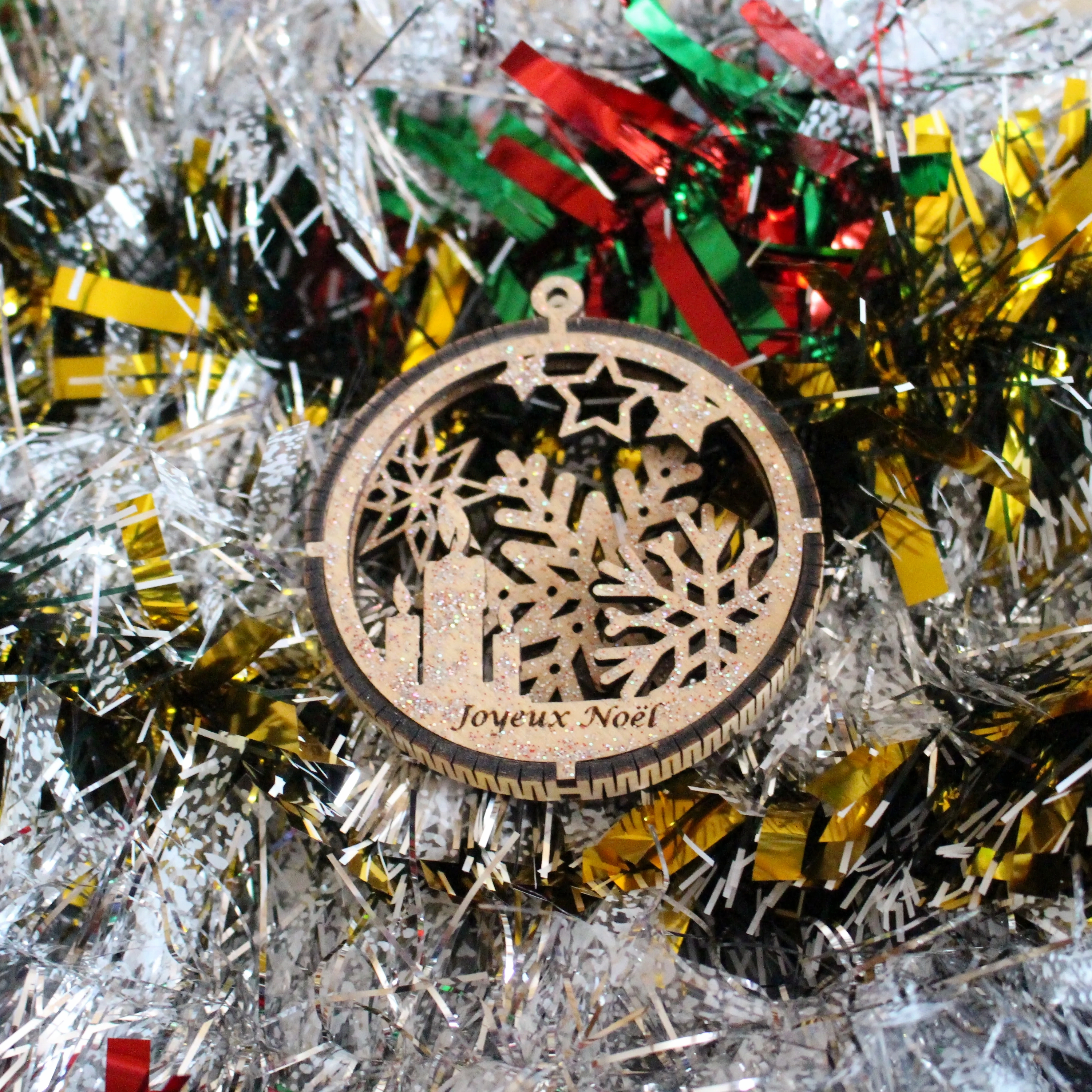 Boule de noël flocon et bougie ronde en bois 3D