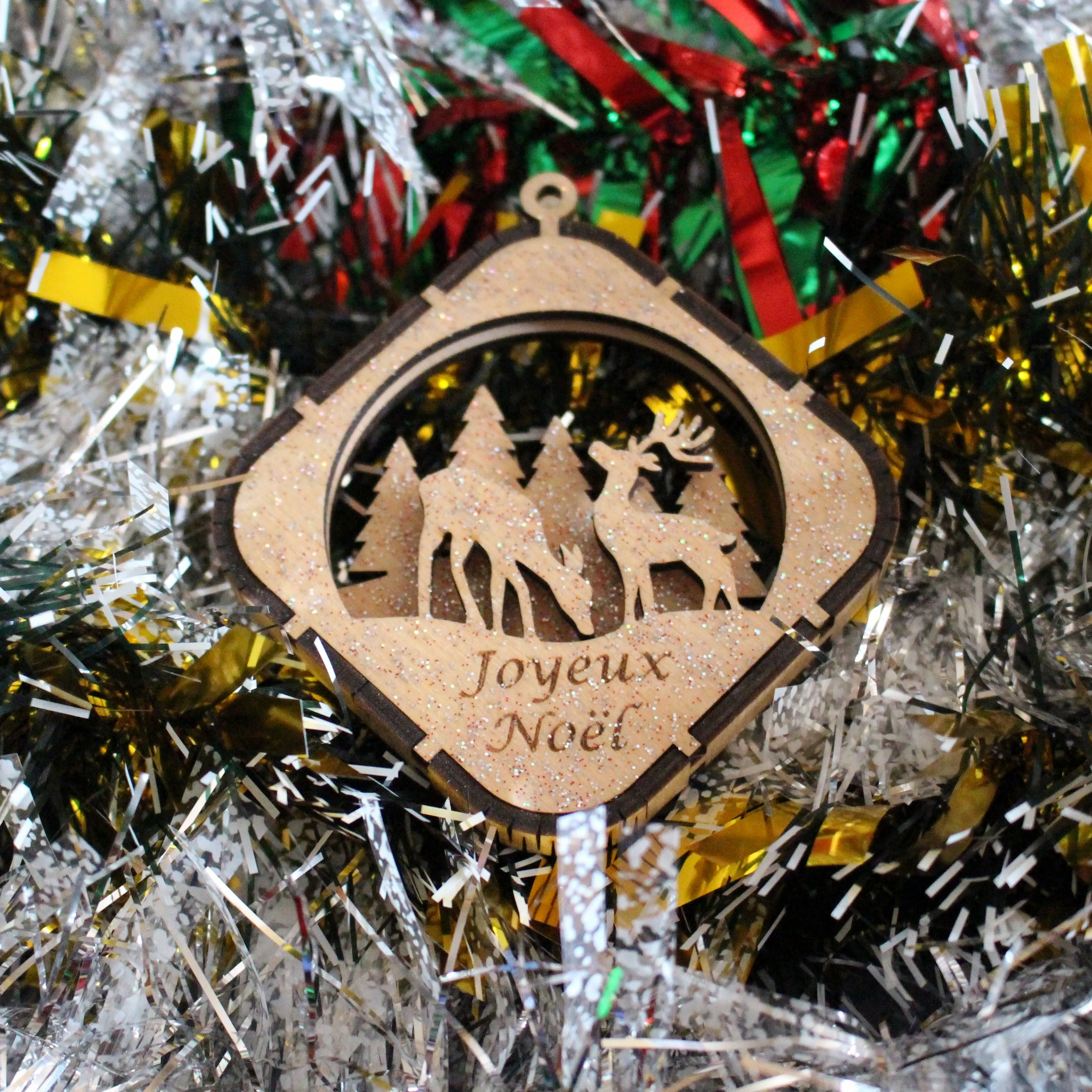 Boule de Noël Carré en Bois 3D Motif Renne
