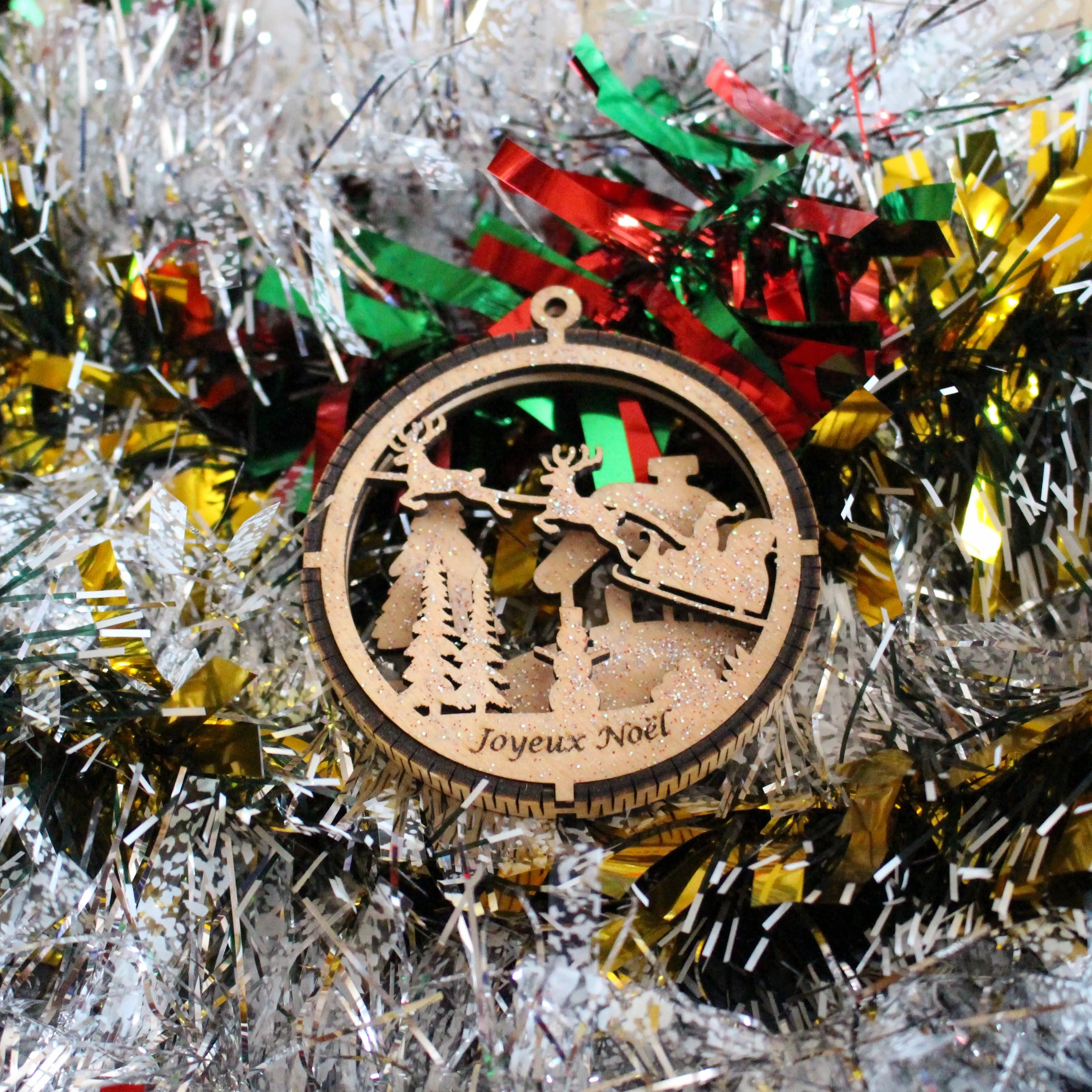 Boule de noël père noël ronde en bois 3D