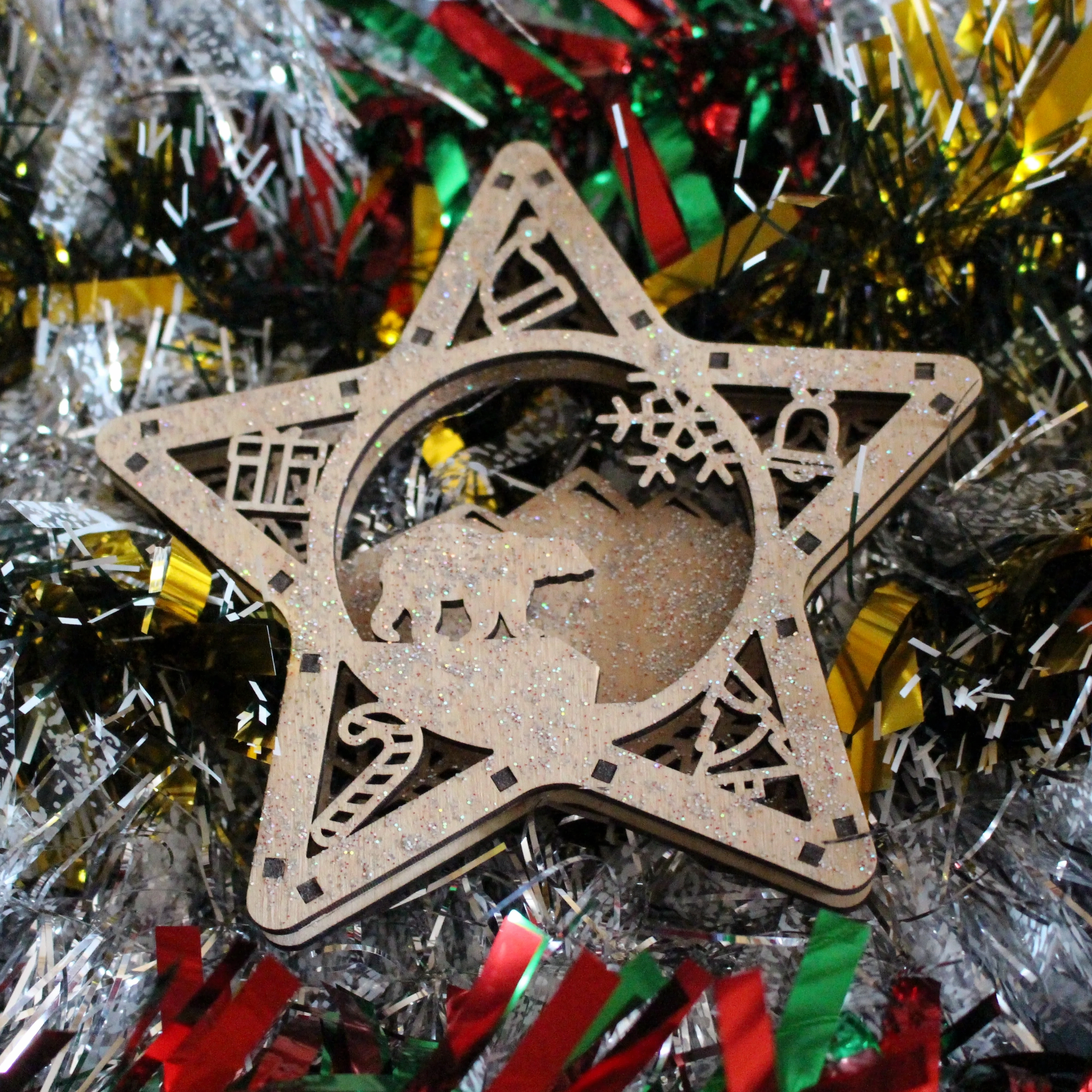 Boule de noël Etoile ours en bois 3D