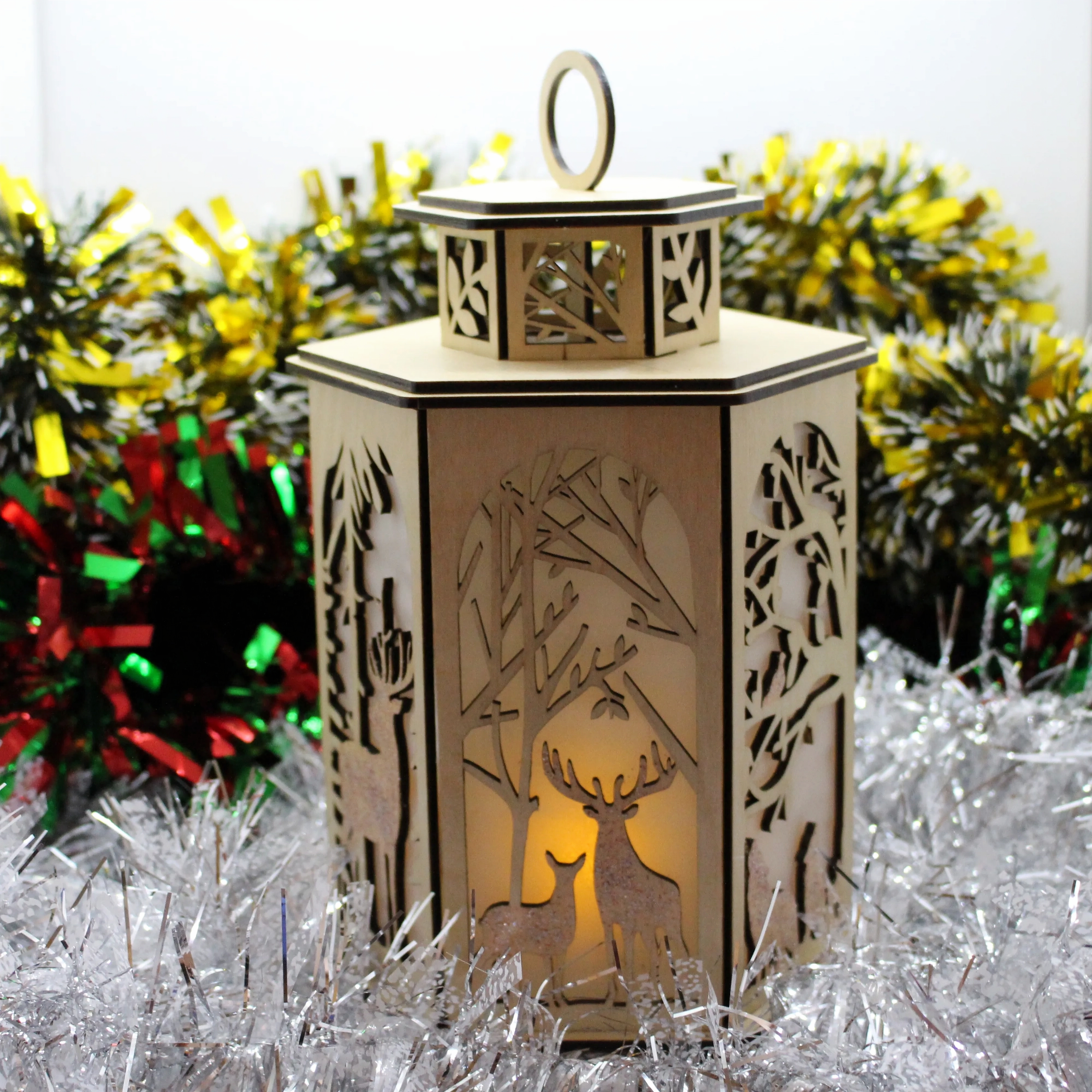 Lanterne de Noël Lumineuse - Bois Artisanal avec Bougie LED