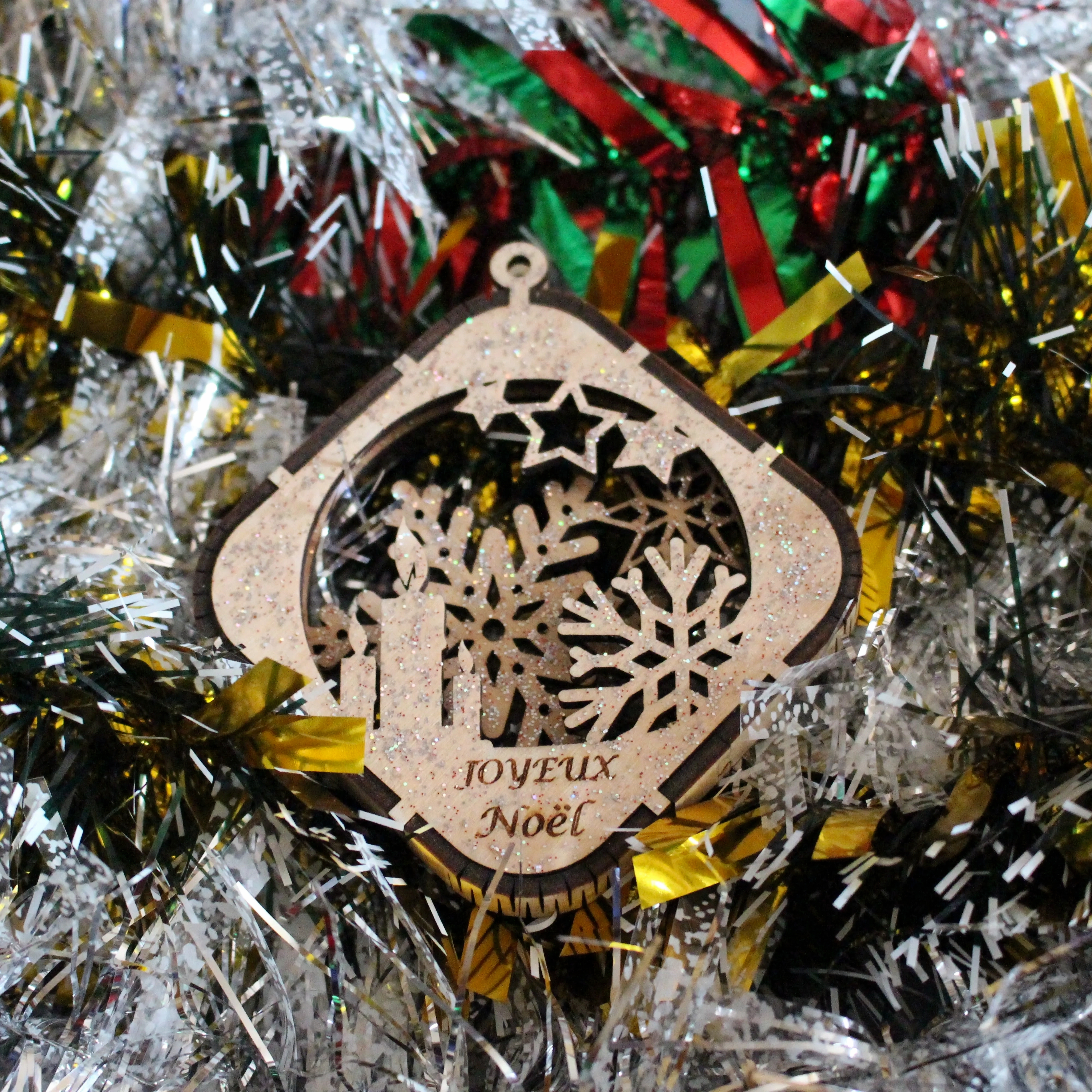 Boule de noël carré flocon de neige en bois 3D