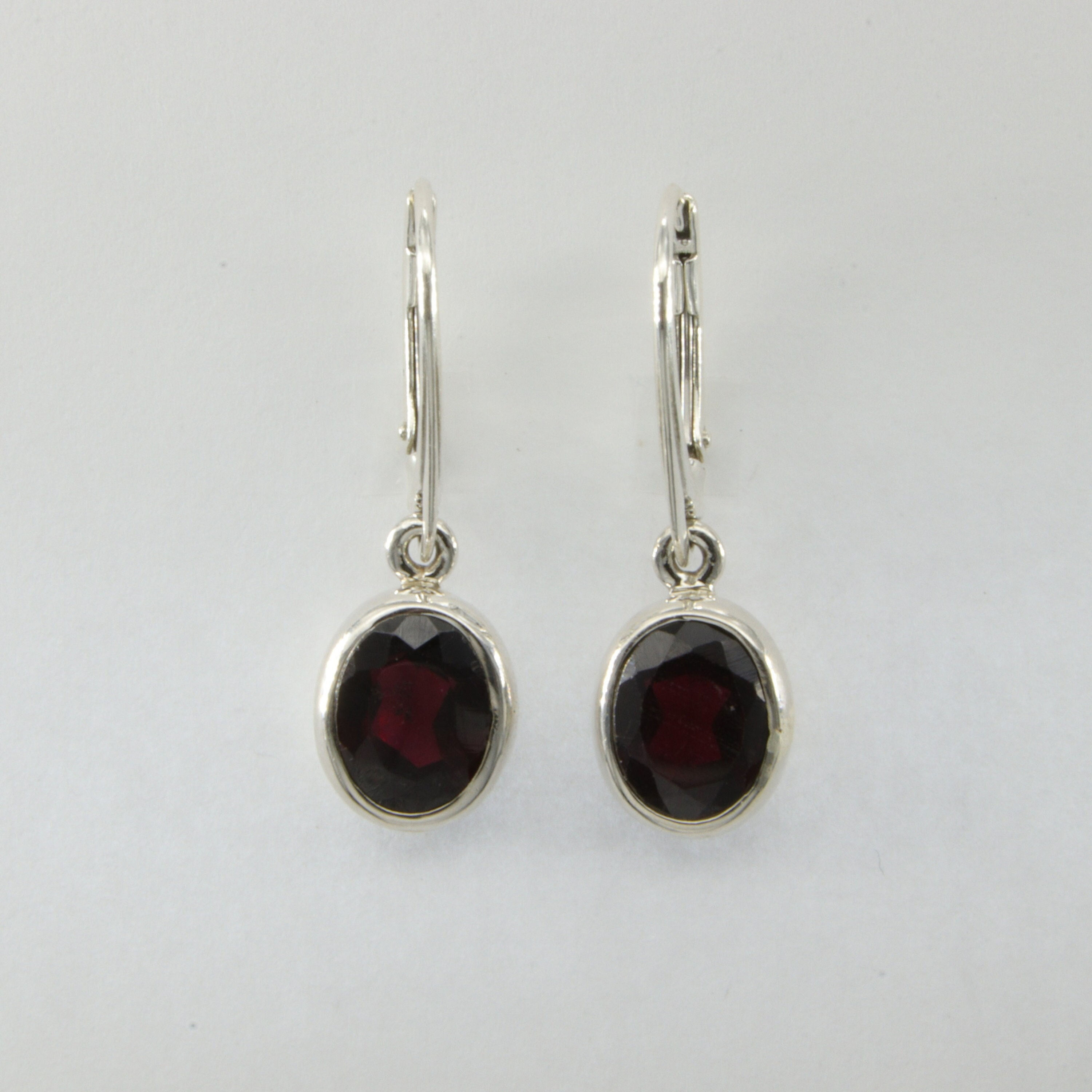 925 Silver Leverback Red Oval Garnet Dangle Earrings