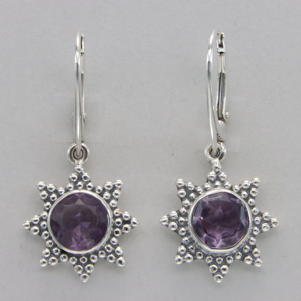 Thumbnail: Sterling Silver Purple Amethyst Sun Star Dangle Earrings - Leverback Gemstone