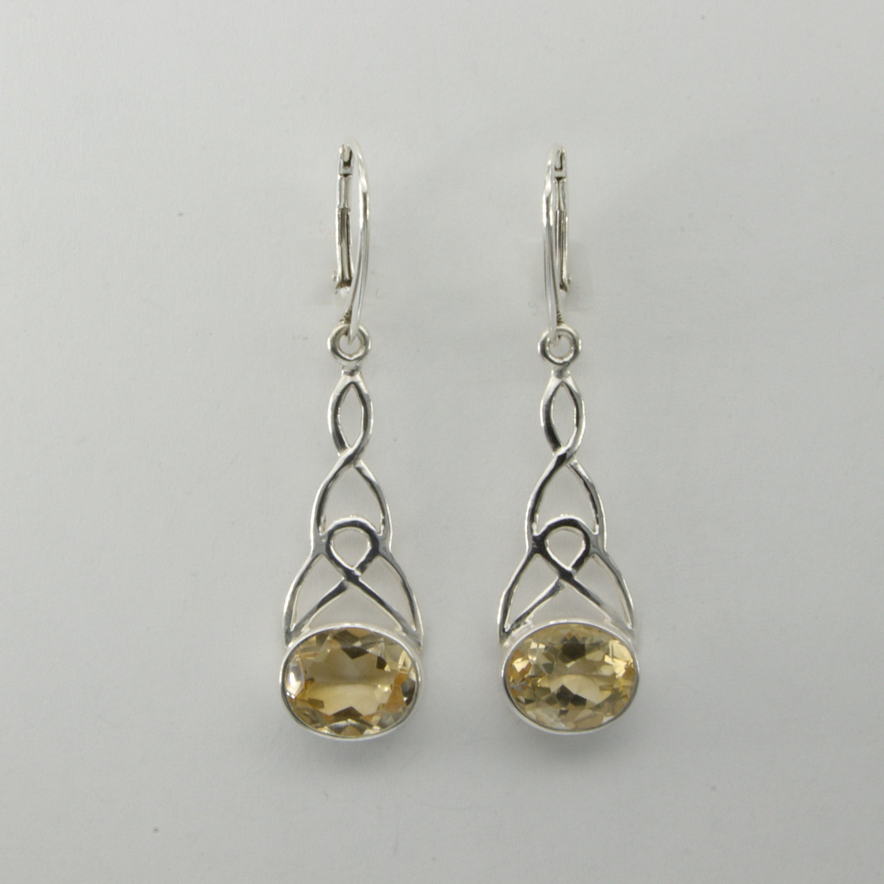925 Silver Leverback Yellow Celtic Oval Citrine Dangle Earrings