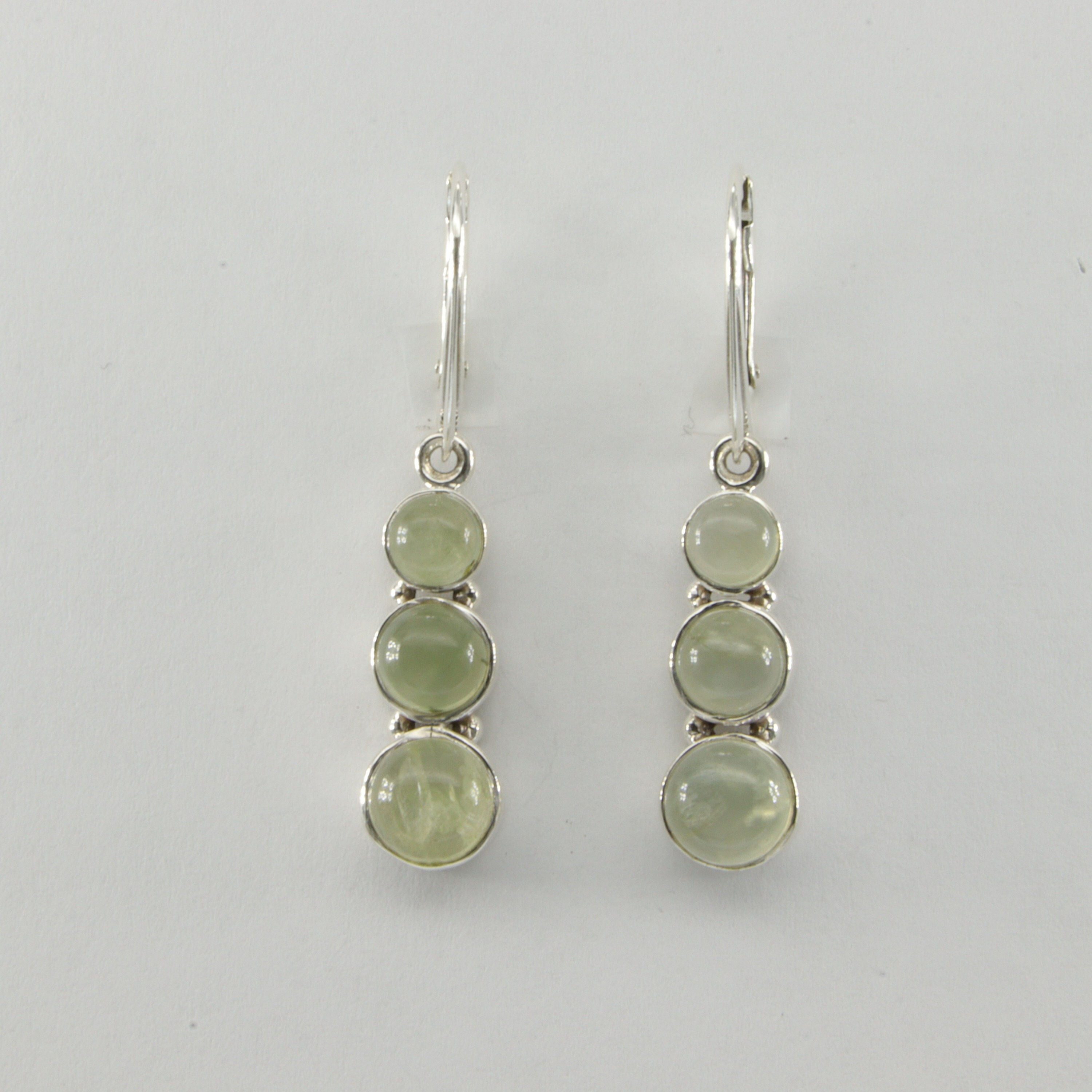 925 Silver Triple Round Green Prehnite Dangle Earrings - Leverback