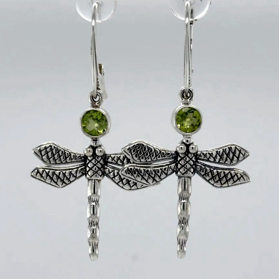 Thumbnail: 925 Silver Leverback Green Peridot Dragonfly Dangle Earrings