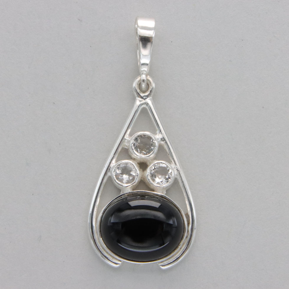 Thumbnail: Black Onyx Teardrop Pendant with Moonstone - 925 Sterling Silver