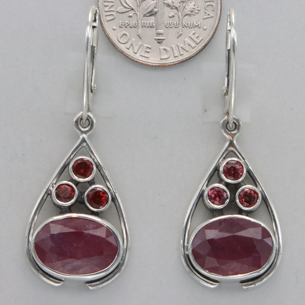 Thumbnail: Red Faceted Oval Ruby and small Garnet Leverback Earrings - 925 Sterling Silv...