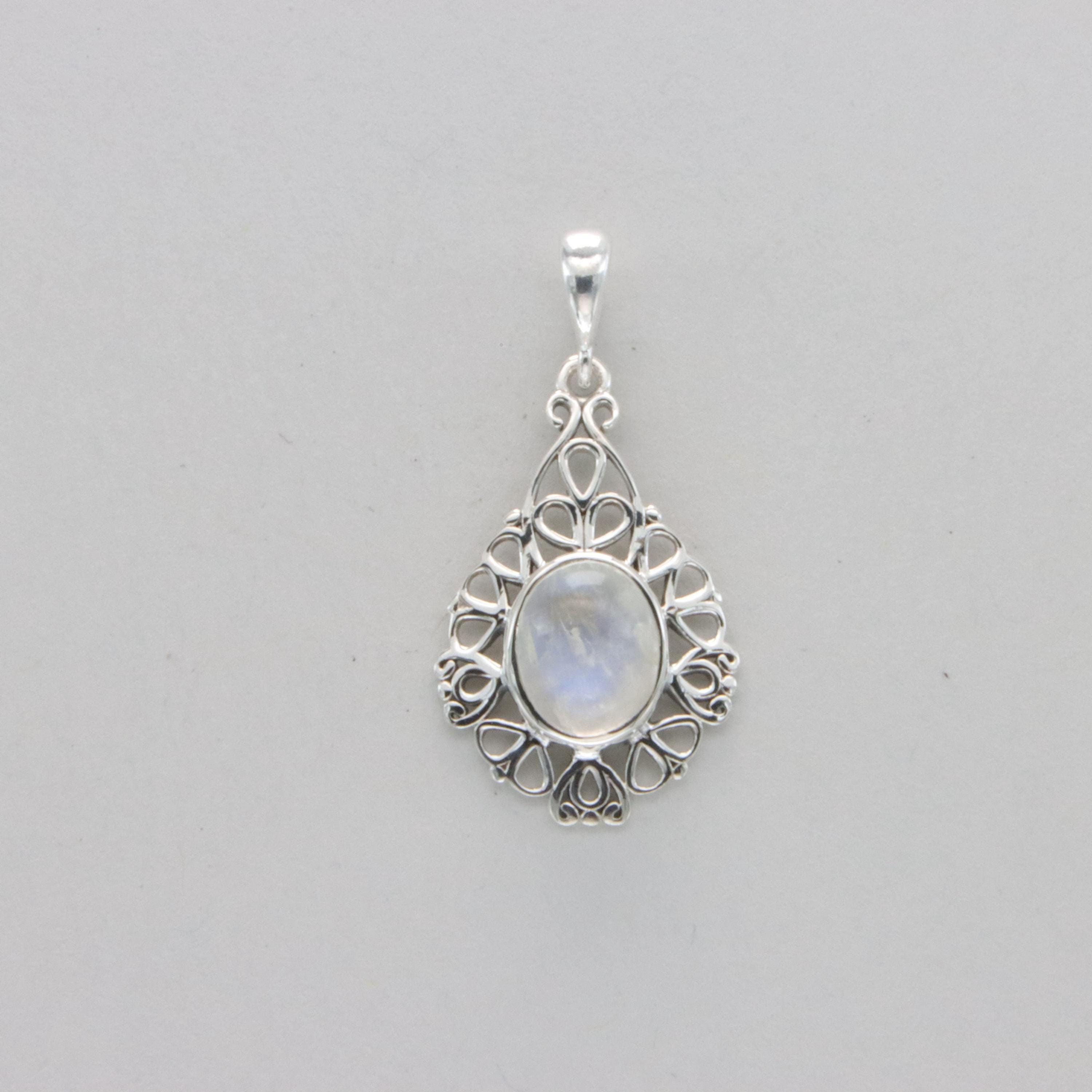 Sterling Silver (925) - Natural Oval Rainbow Moonstone Pendant