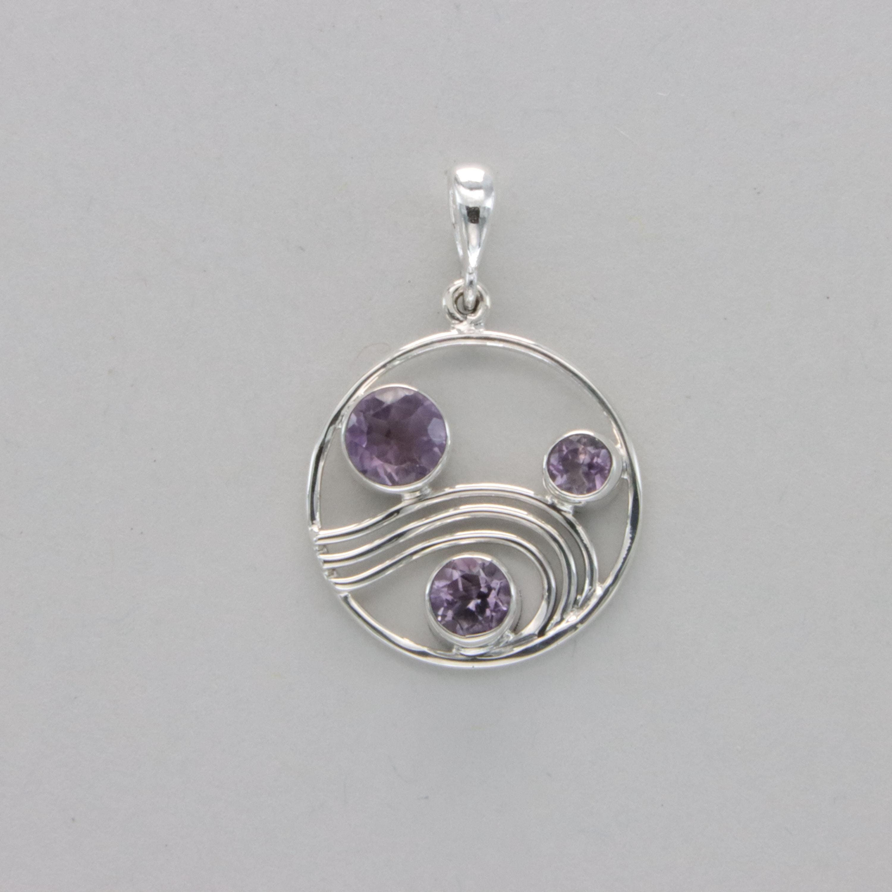 Triple Round Purple Amethyst Wave Pendant - 925 Sterling Silver