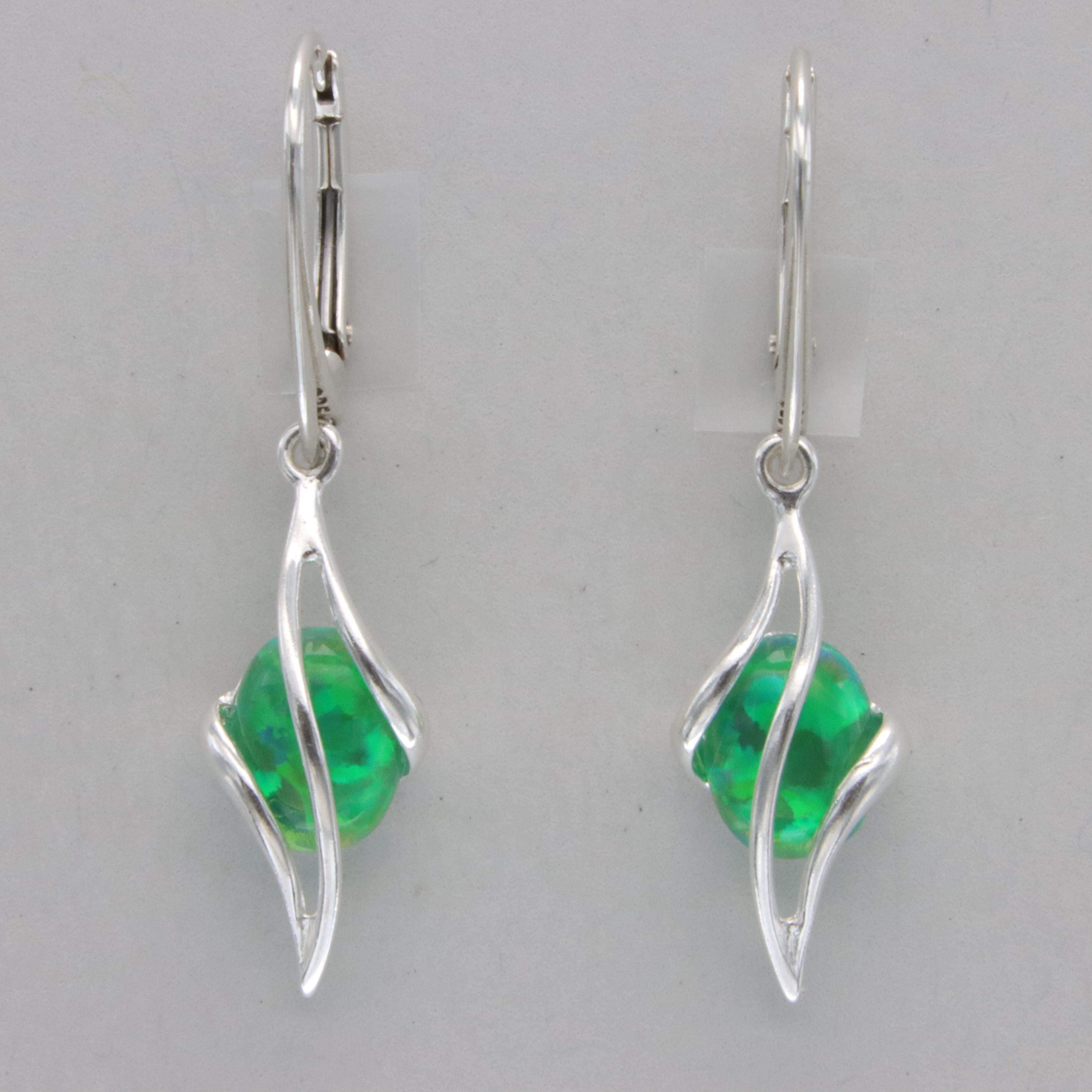 Green Oval Fire Opal Swirl Leverback Earrings - 925 Sterling Silver - Multicolor