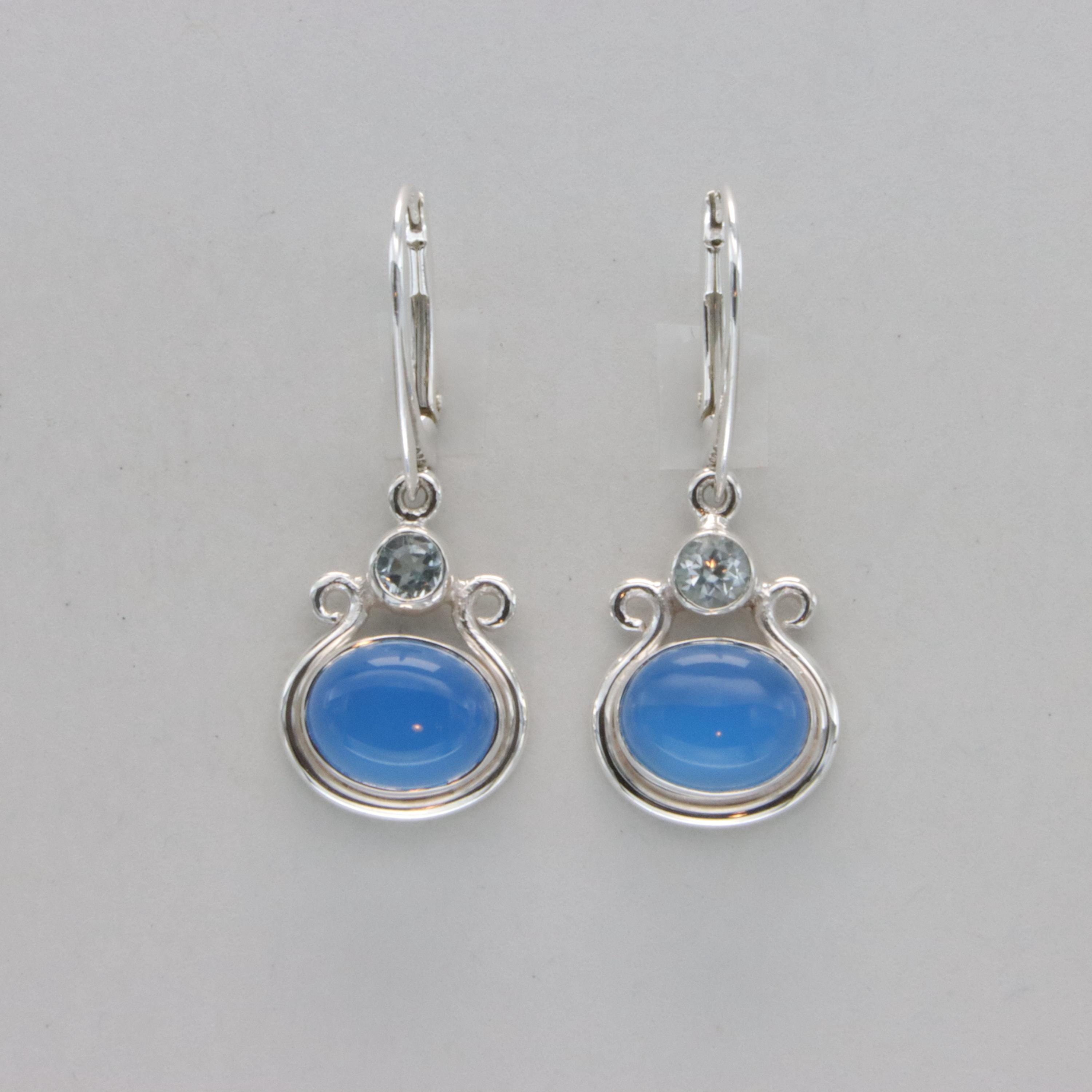 Blue Chalcedony & Blue Topaz Leverback Earrings - 925 Sterling Silver