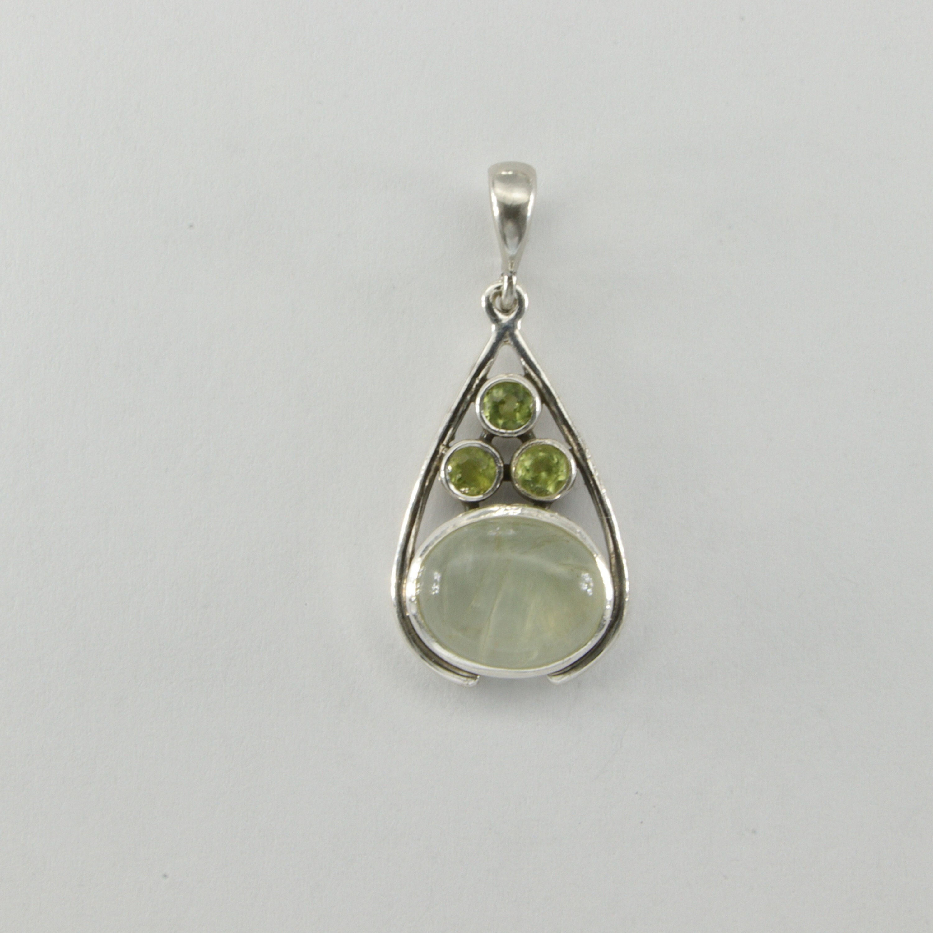 Silver Prehnite Teardrop Pendant with Peridot - 925 Sterling Silver