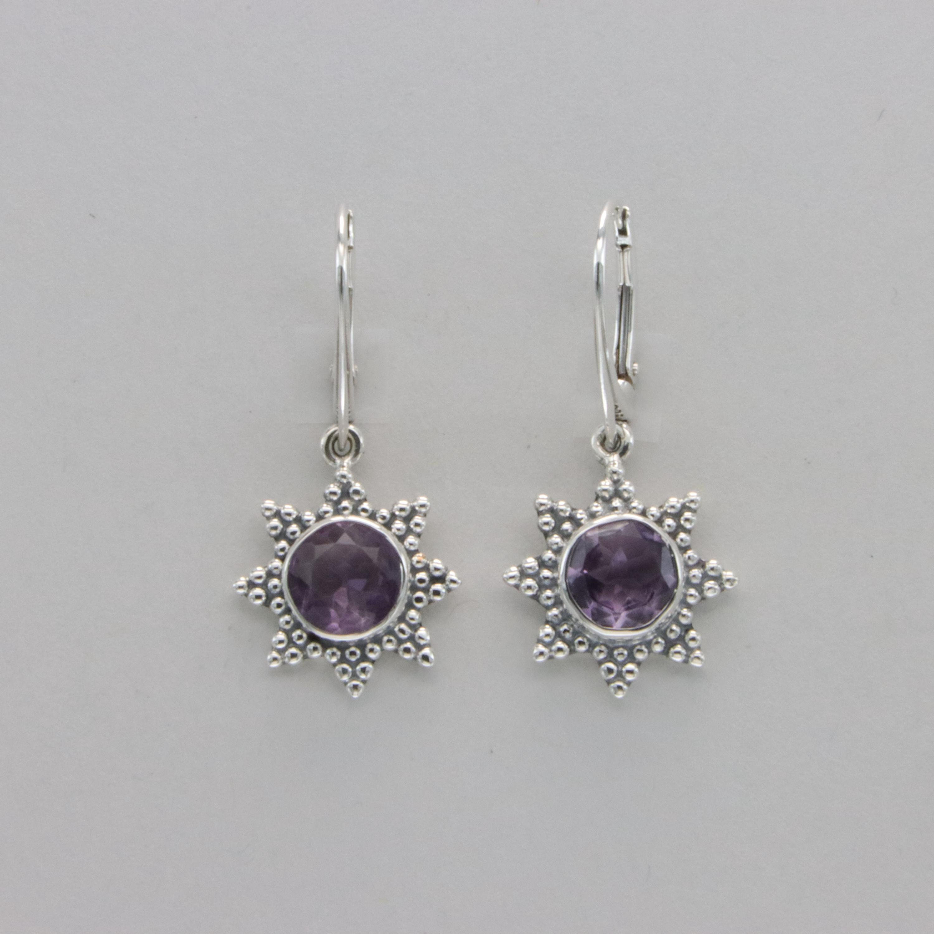 Sterling Silver Purple Amethyst Sun Star Dangle Earrings - Leverback Gemstone