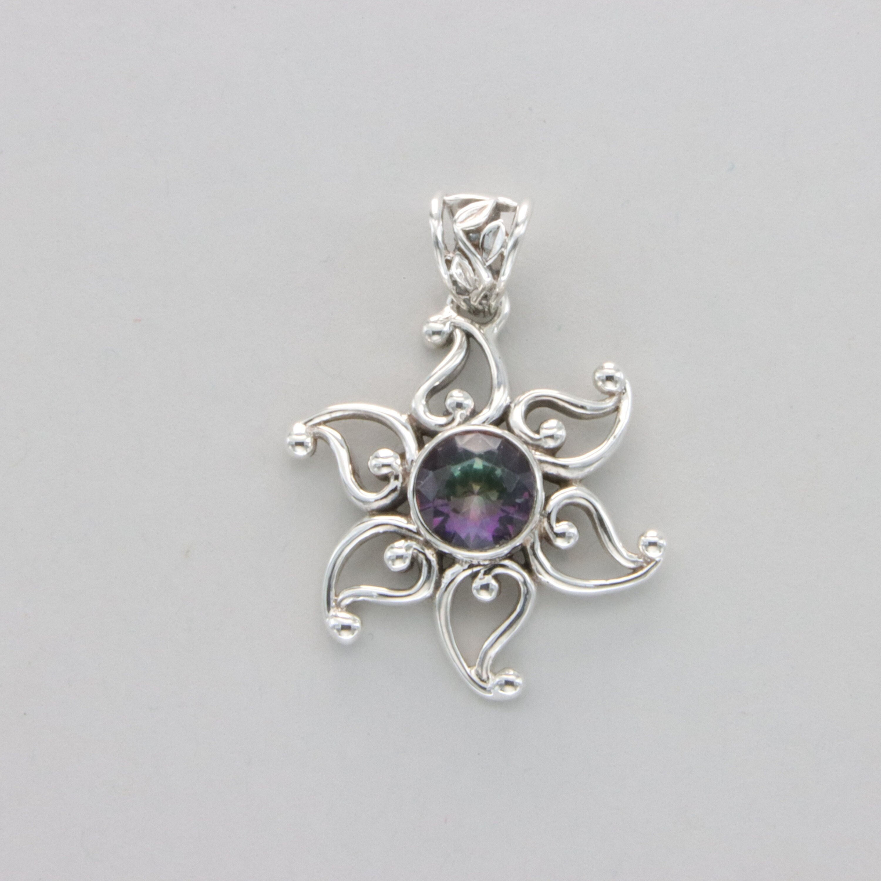 925 Silver Flower Floral Sun Star Mystic Topaz Pendant