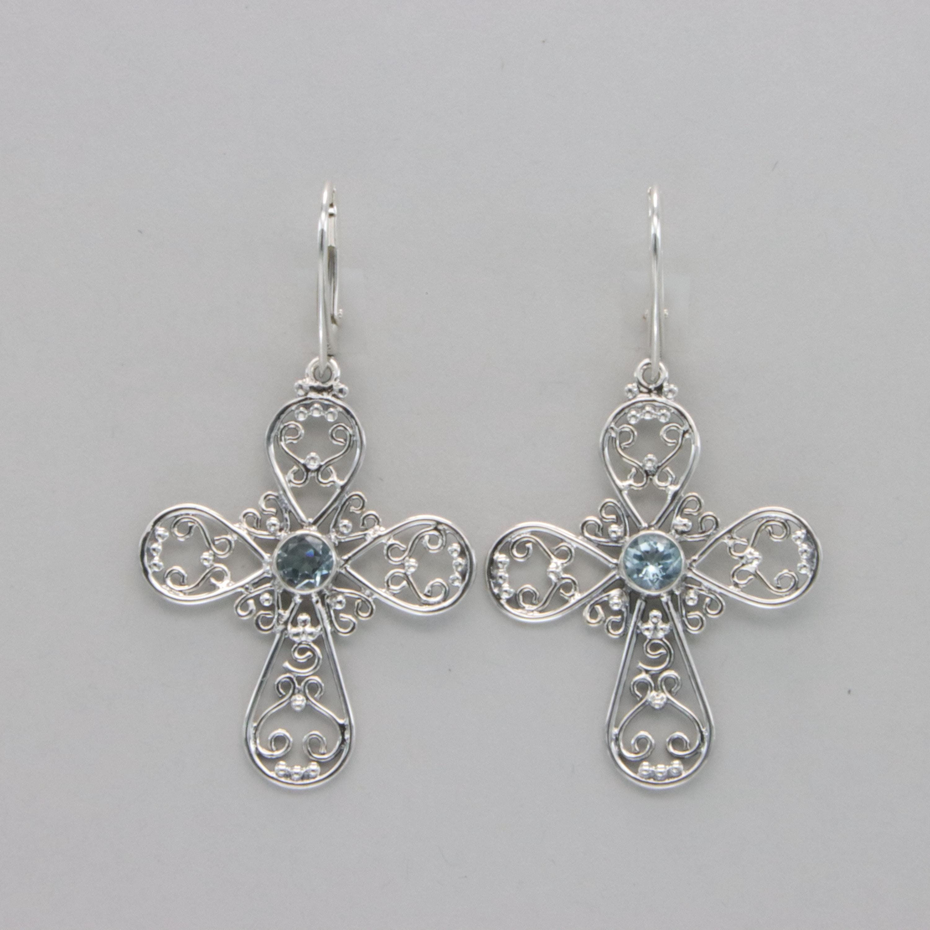 Sterling Silver Leverback Blue Topaz Cross Dangle Earrings - Natural Gemstone