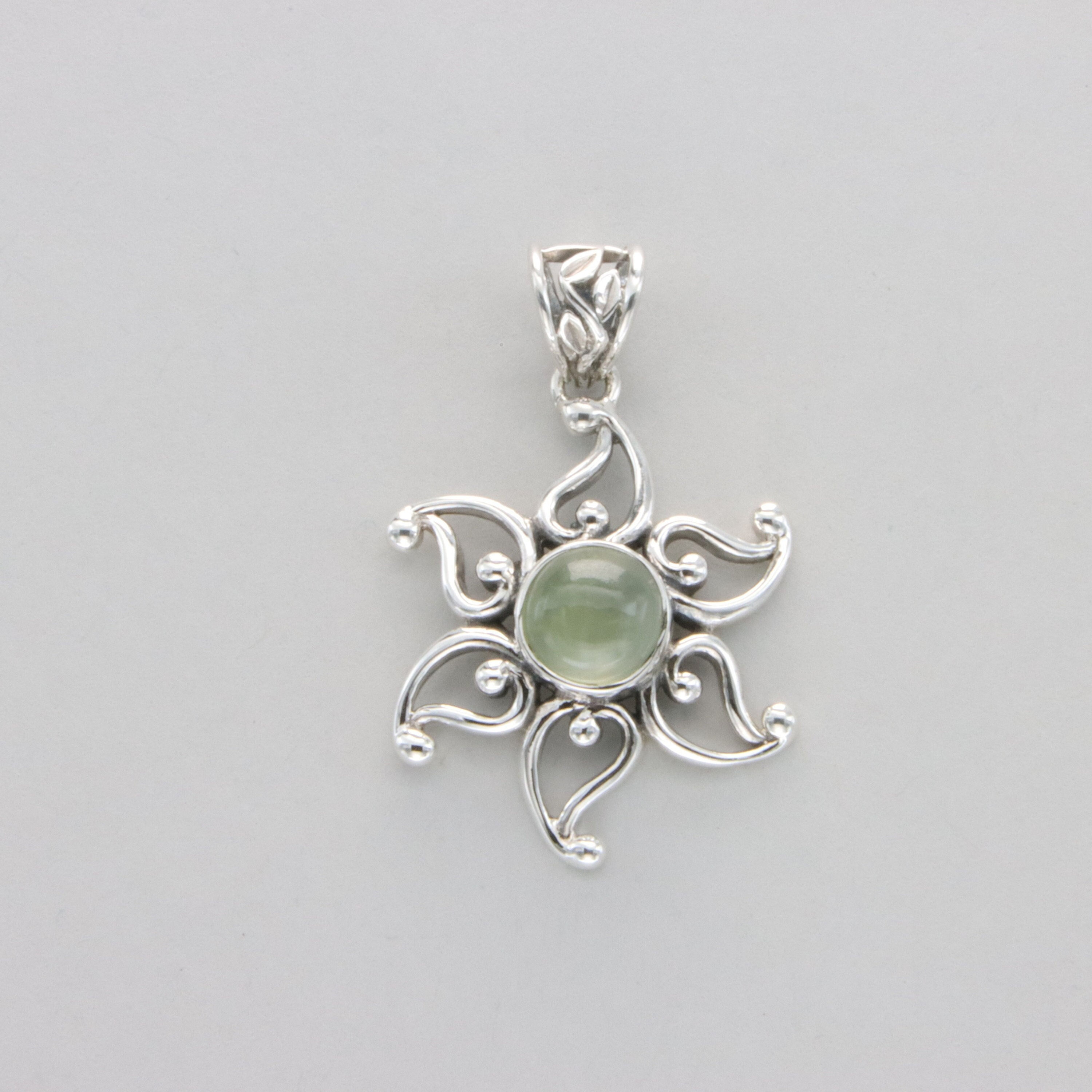 Silver Prehnite Flower Sun Star Pendant - 925 Sterling Silver