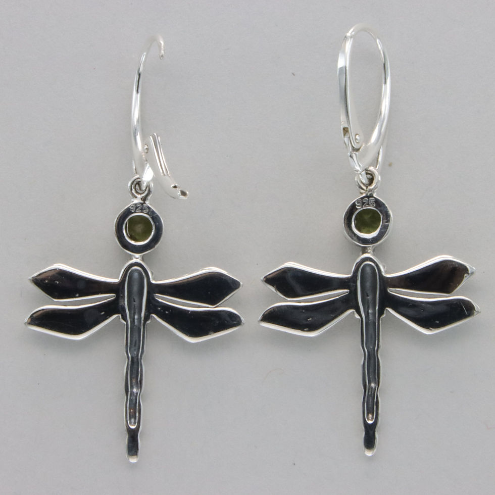 Thumbnail: 925 Silver Leverback Green Peridot Dragonfly Dangle Earrings
