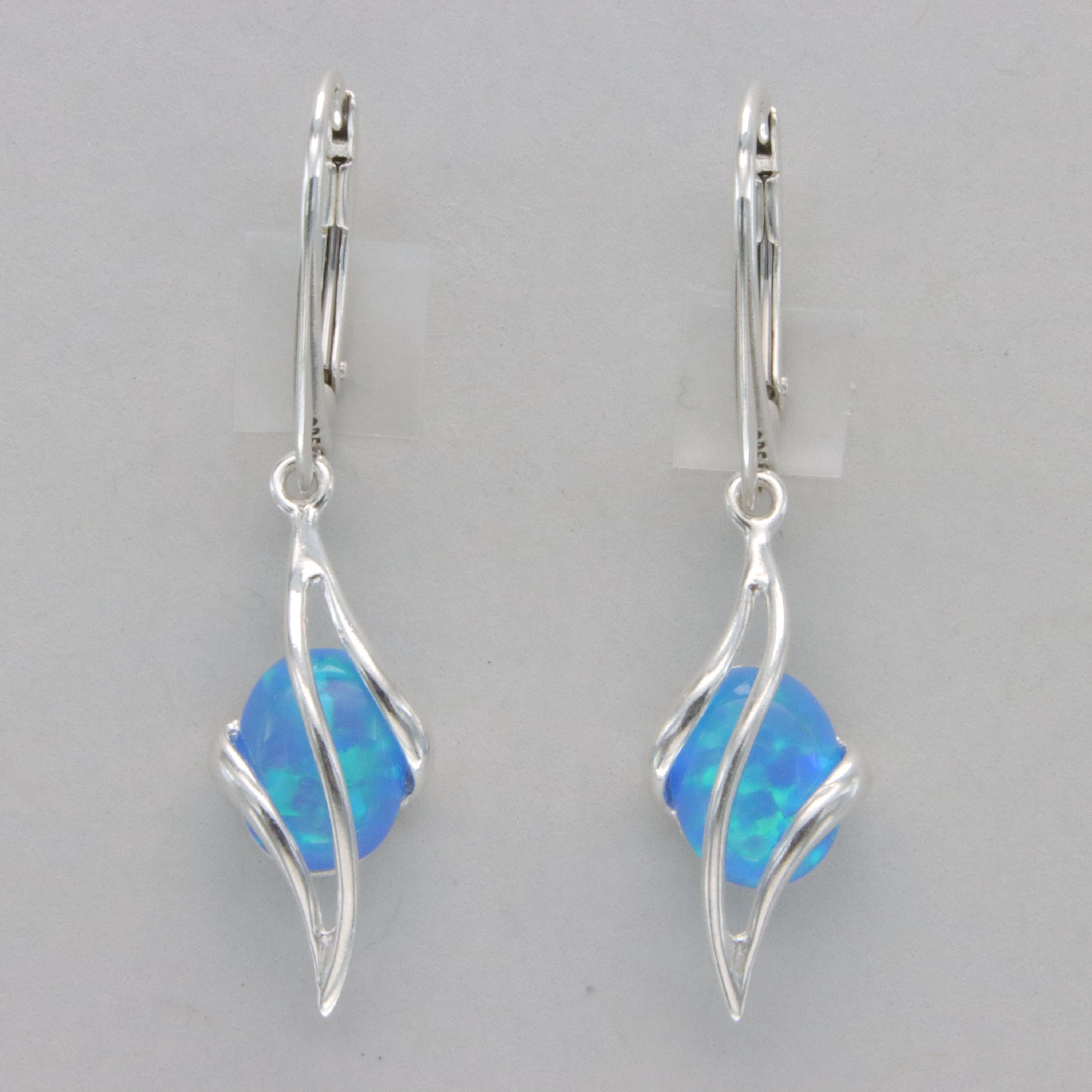 Blue Fire Opal Oval Dangle Swirl Leverback Earrings - 925 Sterling Silver
