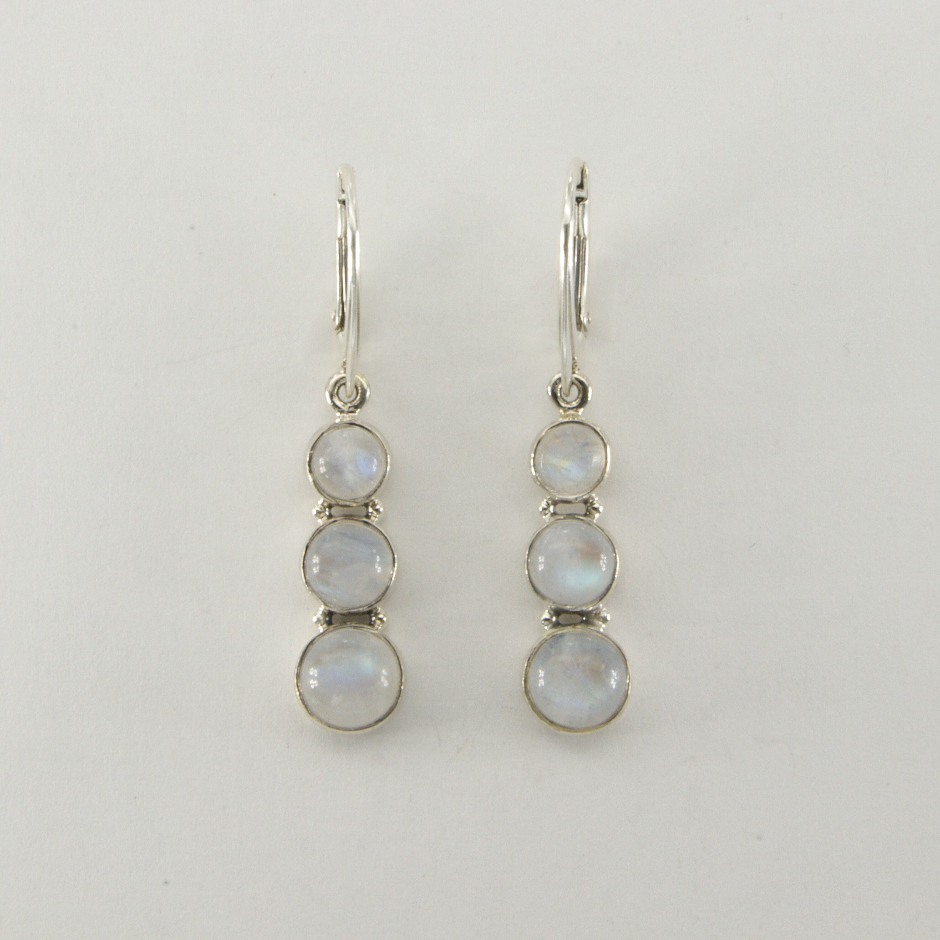 925 Silver Leverback Earrings with Rainbow Moonstone Triple Round Dangle