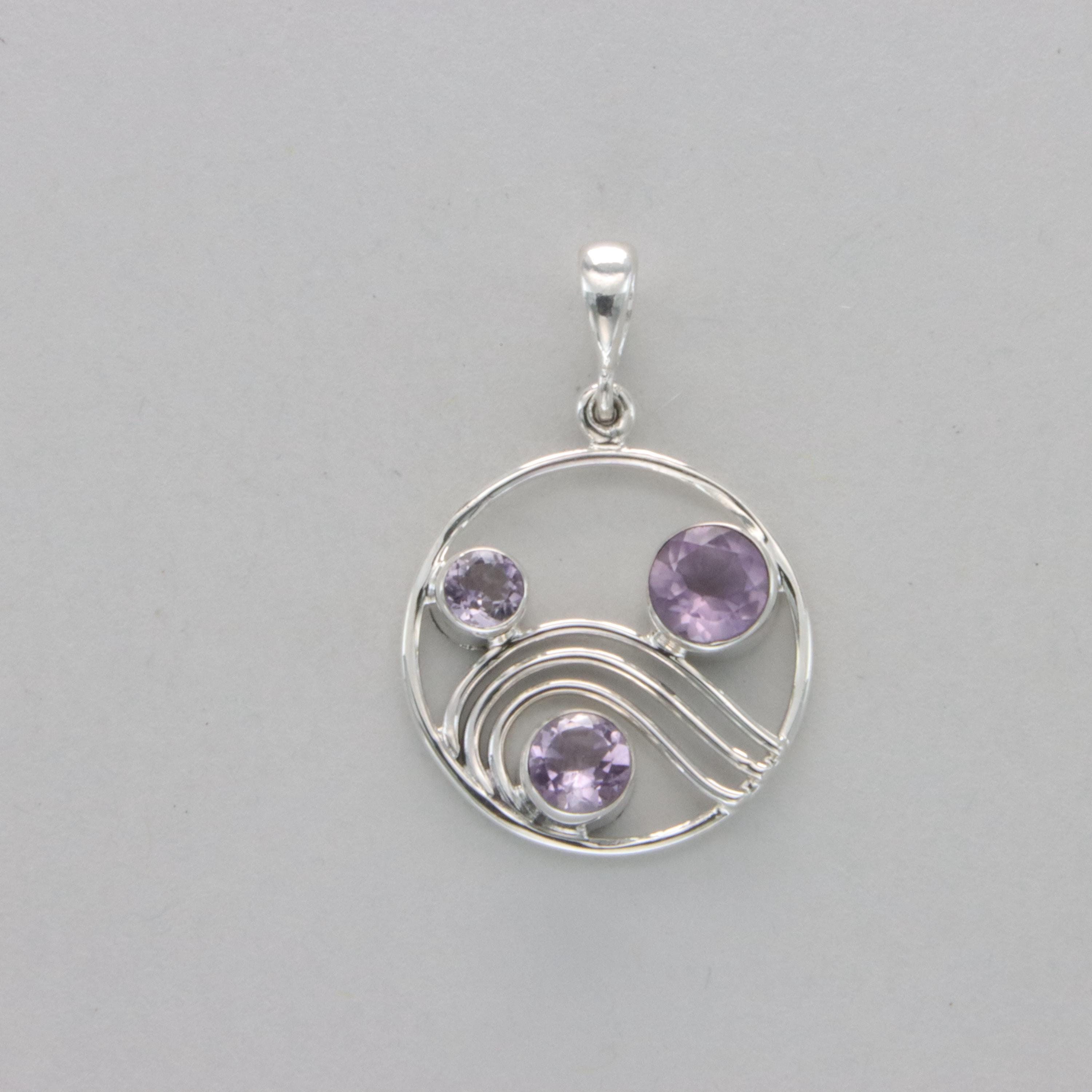 Silver Triple Round Amethyst Wave Pendant - 925 Sterling Silver